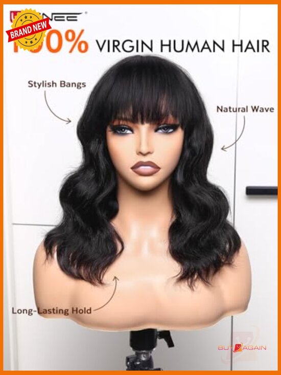 Natural wave wig with bangs 100% human hair medium cap tangle free heat style